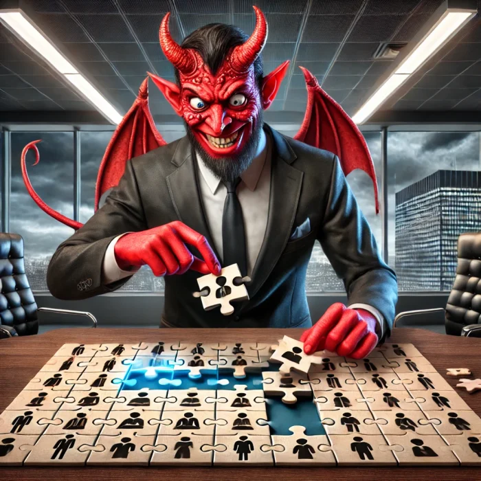 DALL·E 2024-11-26 18.26.23 - A comical yet menacing demon assembling a complex puzzle in a business setting, symbolizing human resource placement. The demon, with exaggerated feat