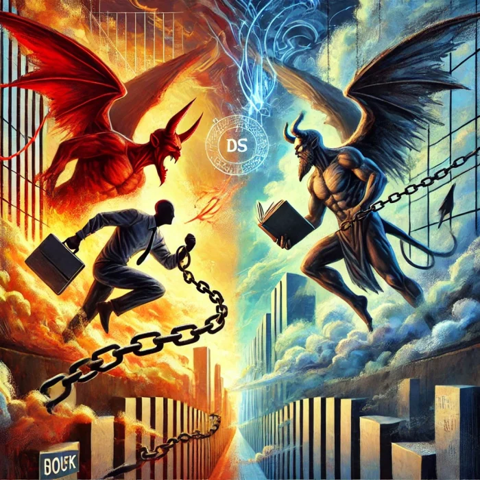 DALL·E 2024-12-02 17.20.34 - An abstract artistic depiction of two opposing devils representing conflicting corporate policies. One devil, symbolizing forced career changes, is de